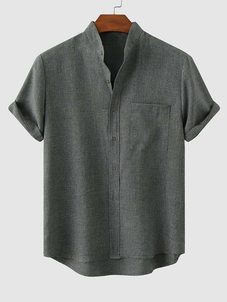 ZAFUL Cotton Shirts for Men Solid Linen Textured Streetwear Blouses Summer Short-sleeves Shirts Casual Tops with Front Pocket